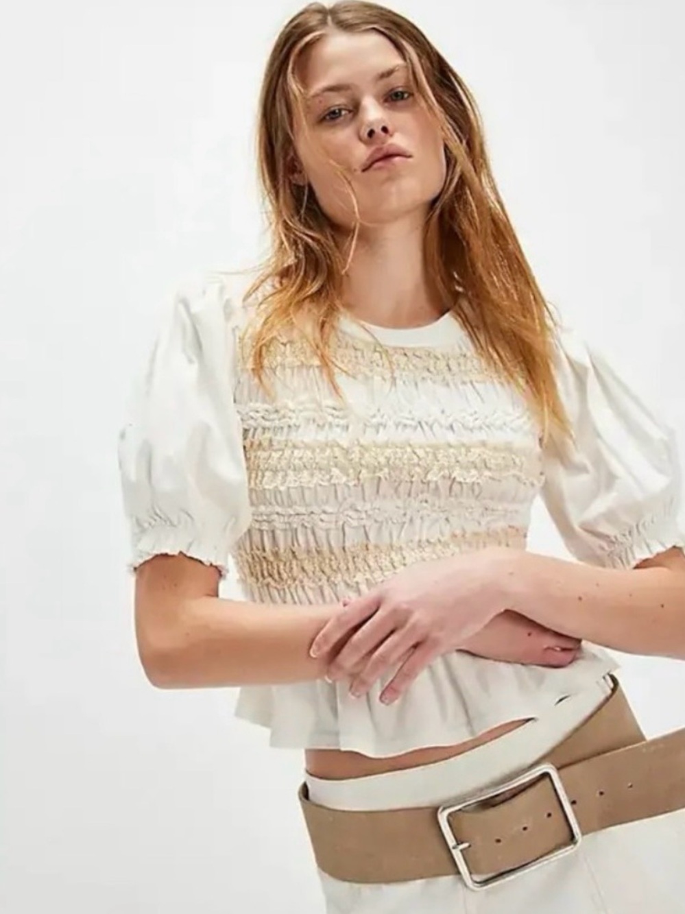 Free People Bohemian Cottage Ruched Maxey Knit Top in Ivory XL NWT Puff Sleeves